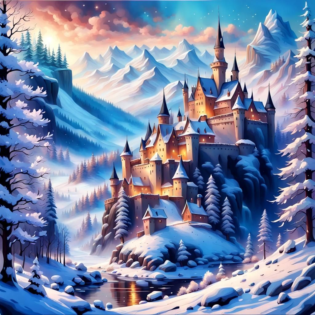 Snowy Castle in Winter Wonderland Landscape