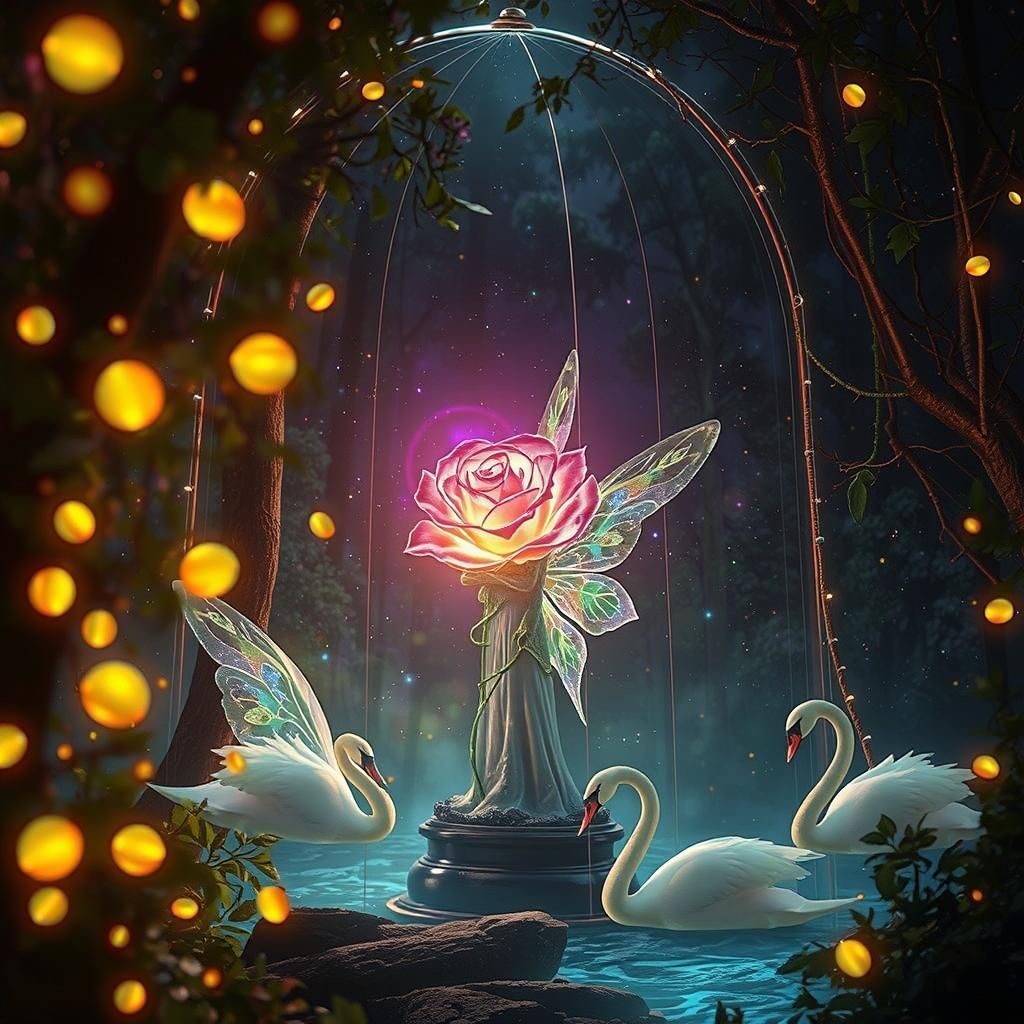 Fairy and Illuminated Rose in Magical Forest