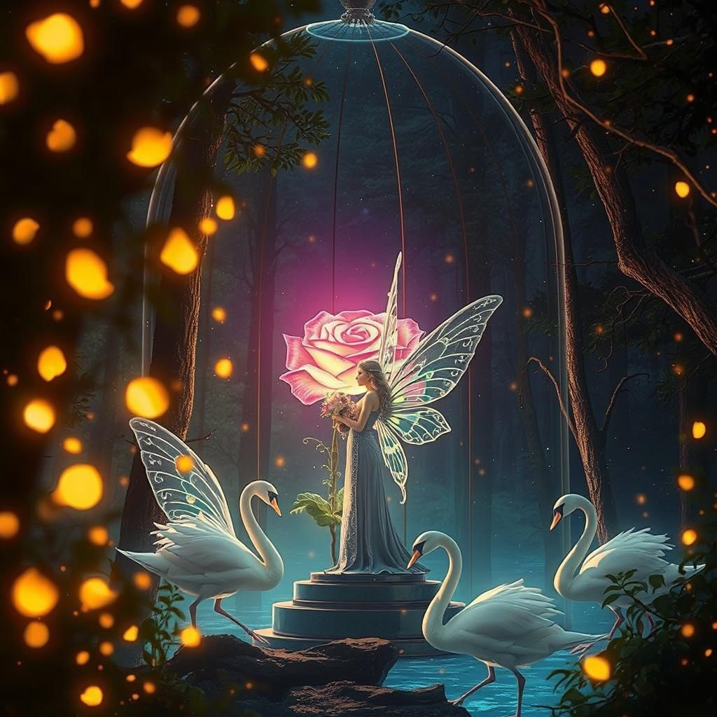 Fairy in Forest with Illuminated Rose, Astral Illustration