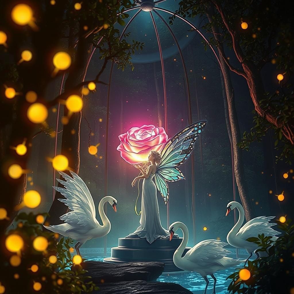 Fairy and Illuminated Rose in Magical Forest