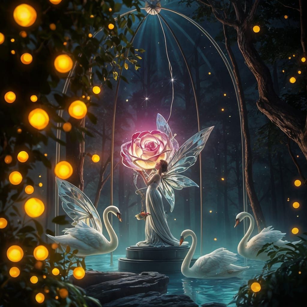 Fairy and Illuminated Rose in Enchanted Forest