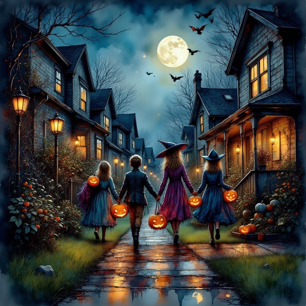Halloween Trick-or-Treaters in Spooky Suburban Twilight