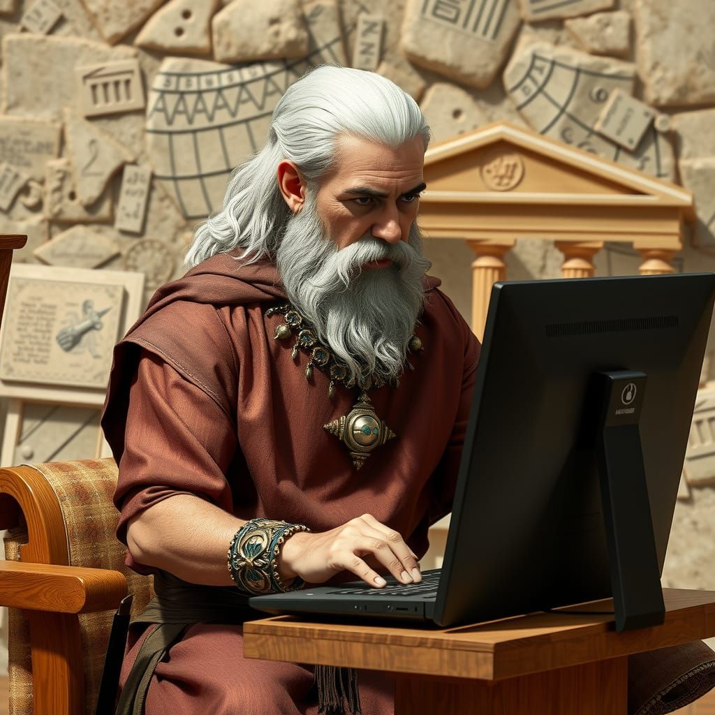 Ancient Scribe Carving Hieroglyphs on PC Screen