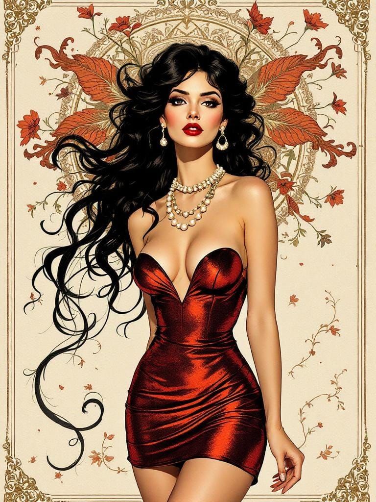 Italian Pin-Up in Aubrey Beardsley and Edmund Dulac Style