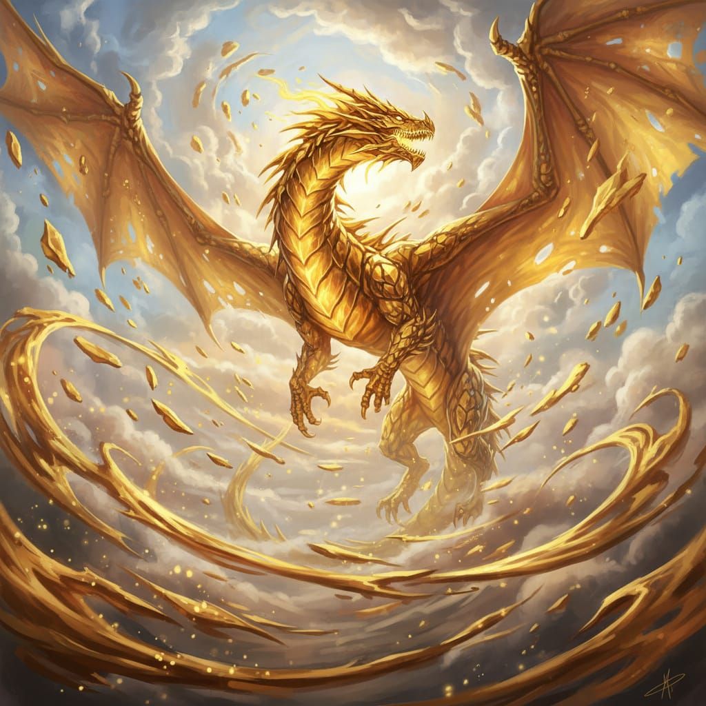 Majestic Liquid Gold Dragon Soars Through Mist