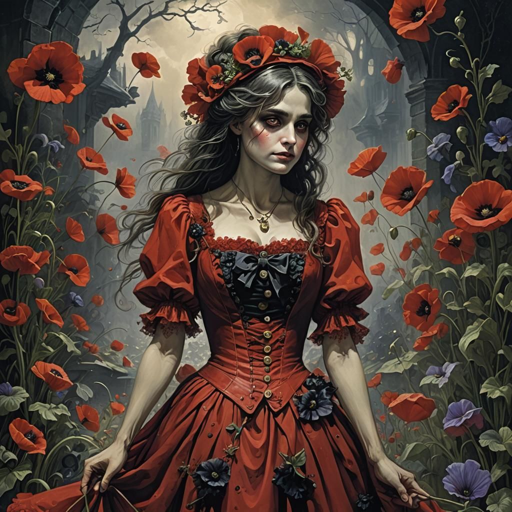 Ethereal Horror: Red Dress in a Sinister Fantasy