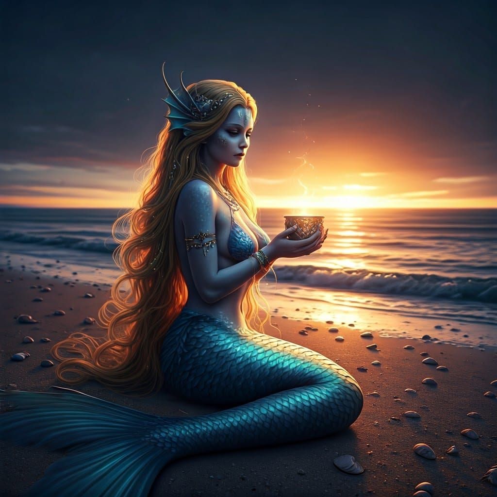 Mermaid with Jeweled Cup on a Beach