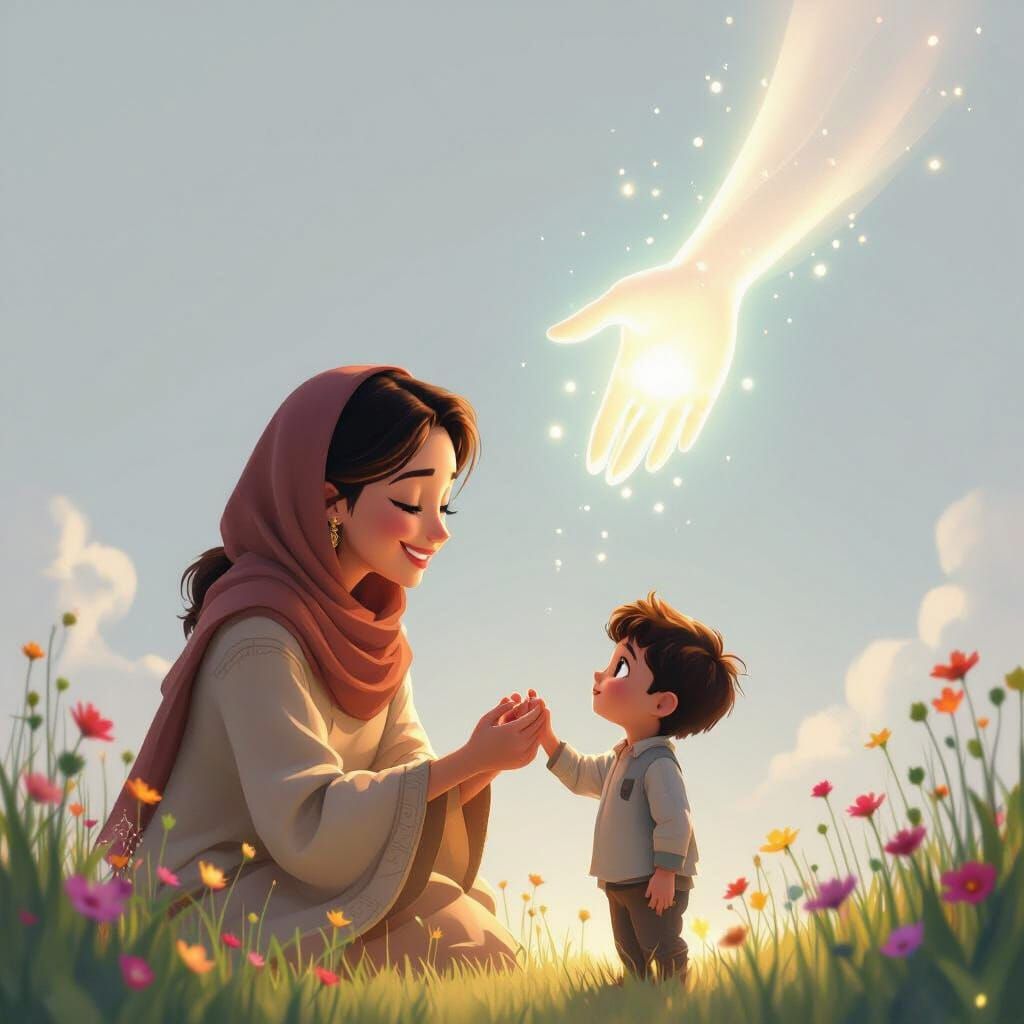 Touching Moment: Divine Hand Guides Child in Pixar Style