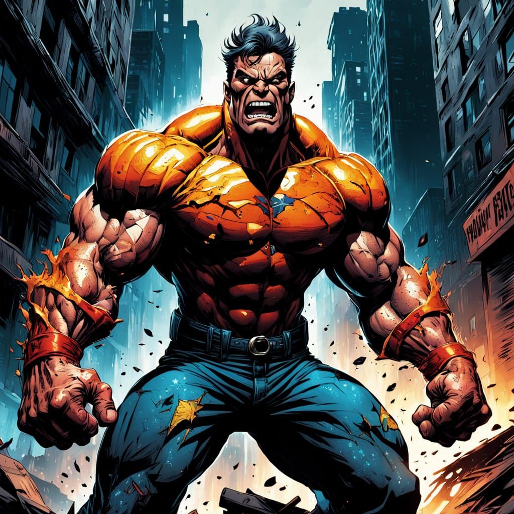 Triumphant Hero in Gritty, Ruined Cityscape