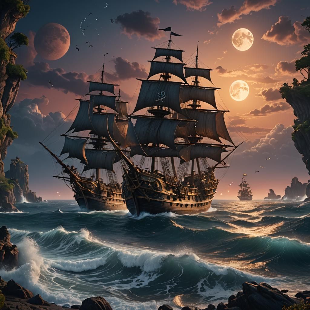 Ocean Twilight Pirate Ship with Three Moons