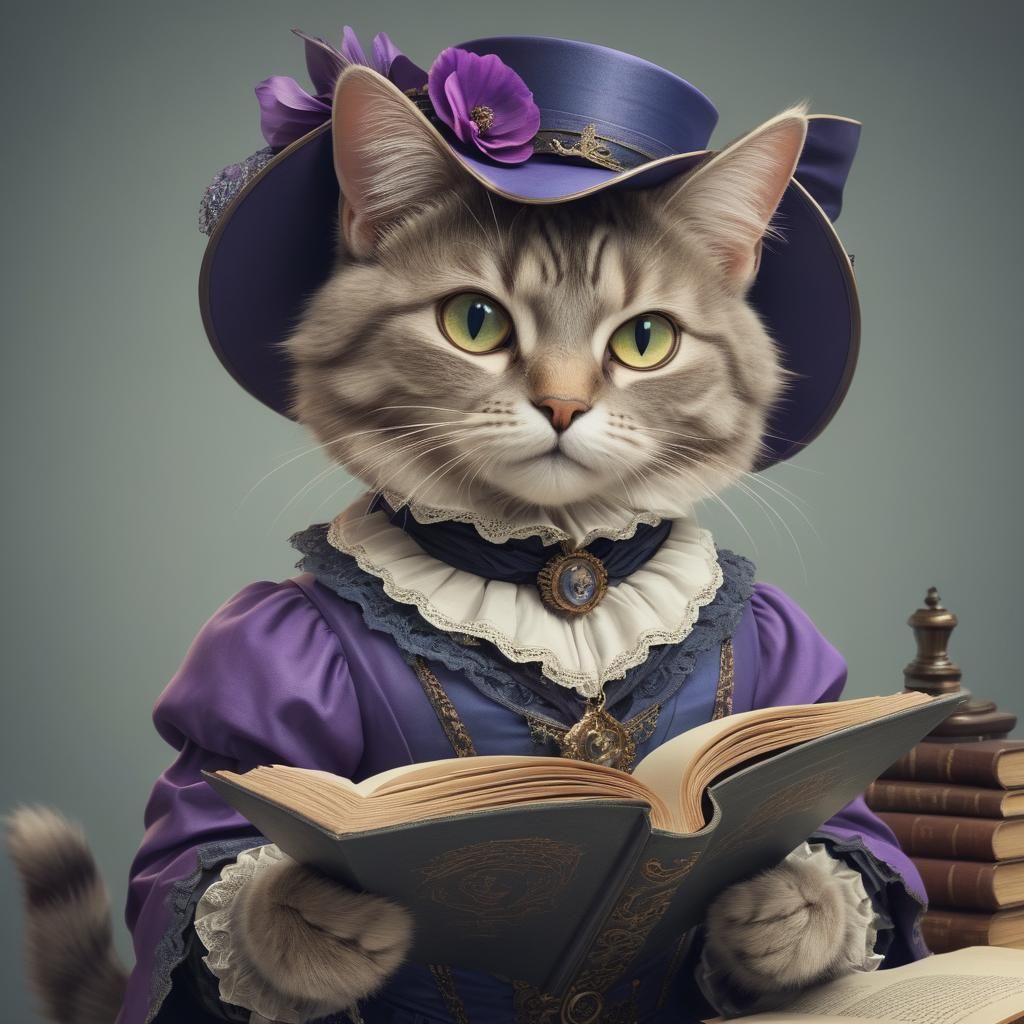a cat wearing victorian clothing reading a book