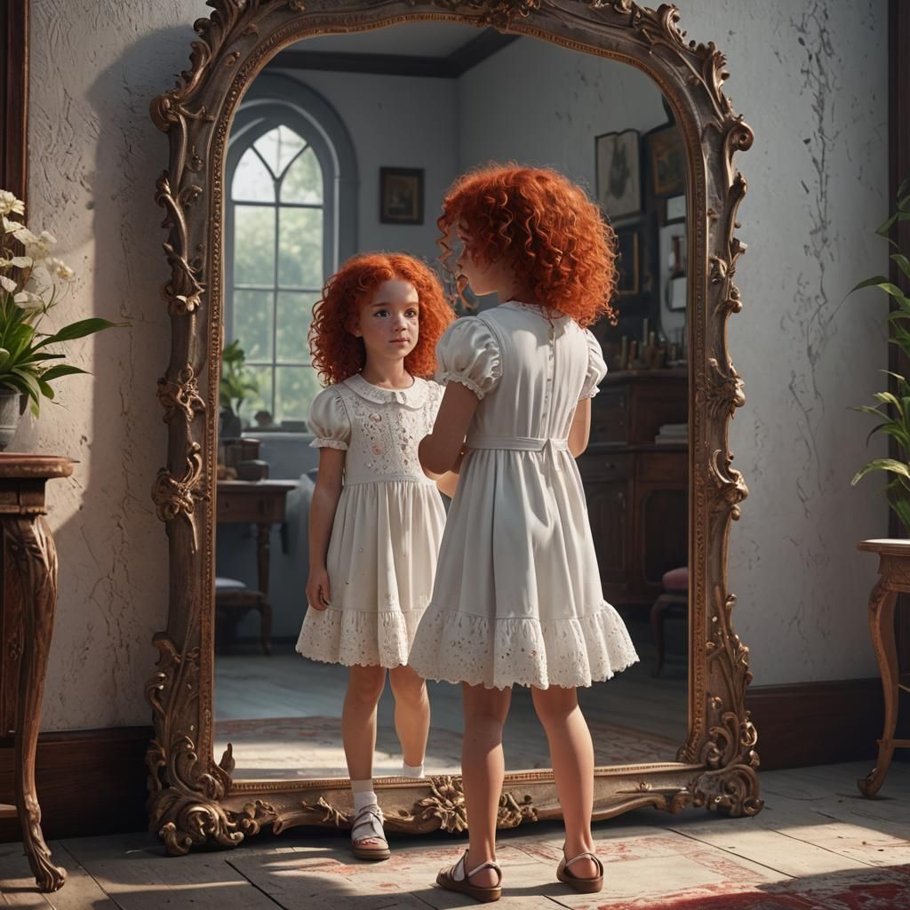 Red-Haired Girl with Freckles Looking in Mirror