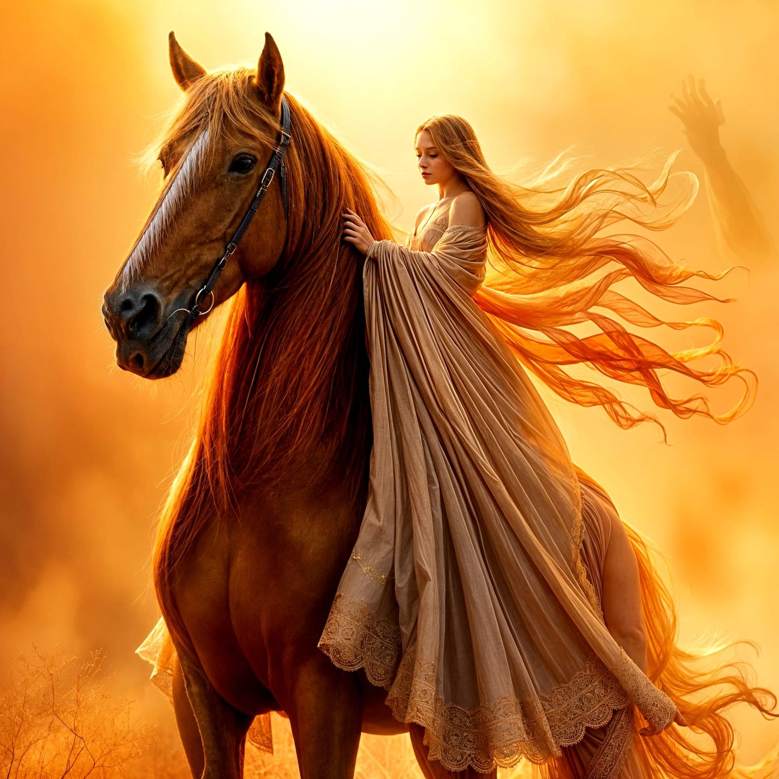 Woman on Golden Horse, in Digital Watercolour Style