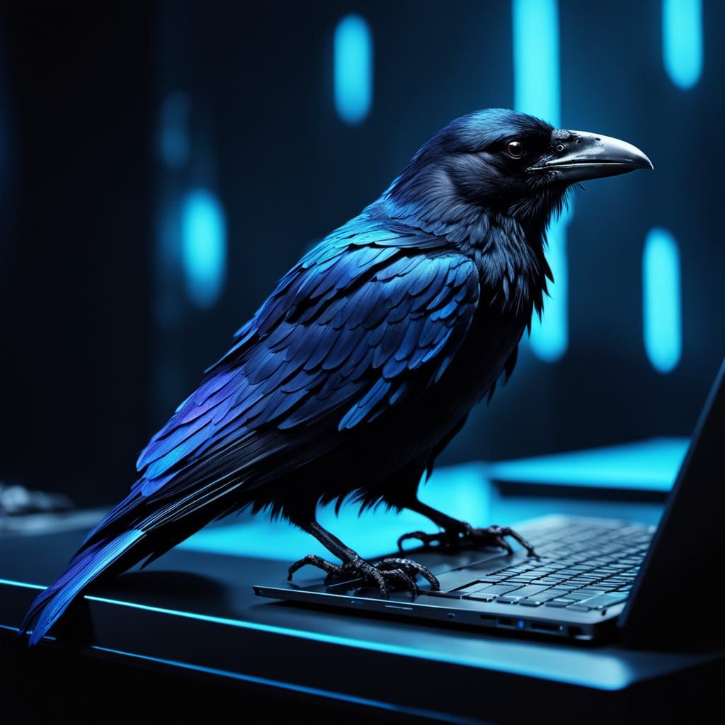 Crow Perched on Laptop in Dark Fantasy Art