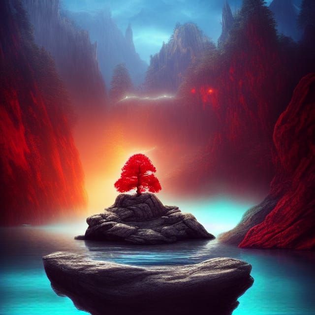 Tree in Lake with Red Lightning, Matte Painting