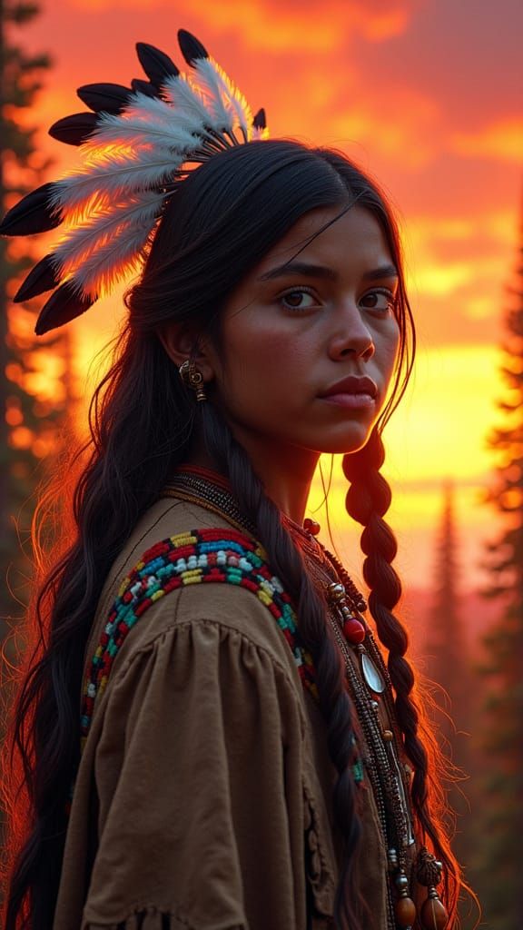 Alder trees in background, sky reds and yellows, Male Native American Warrior, age around 25, Navajo style, bead work an...