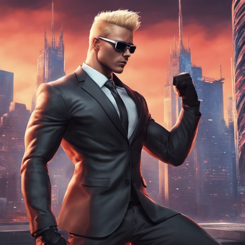 Cyberpunk hero in corp outfit