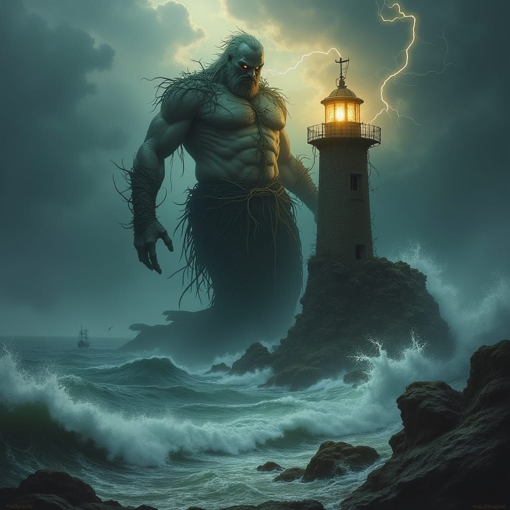 Merman Emerges from Stormy Sea in Gothic Style