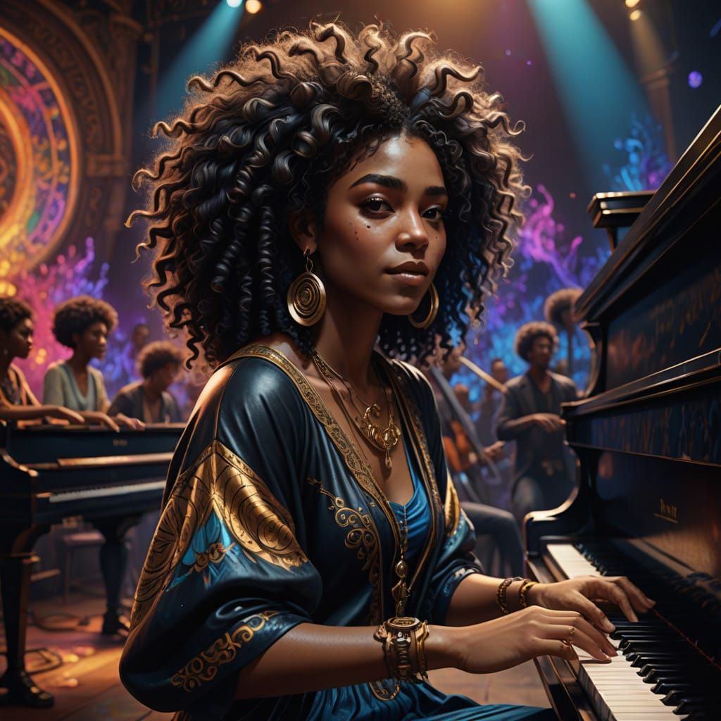 Vibrant Hippy Woman Plays Piano Under Fantastical Arena Ligh...