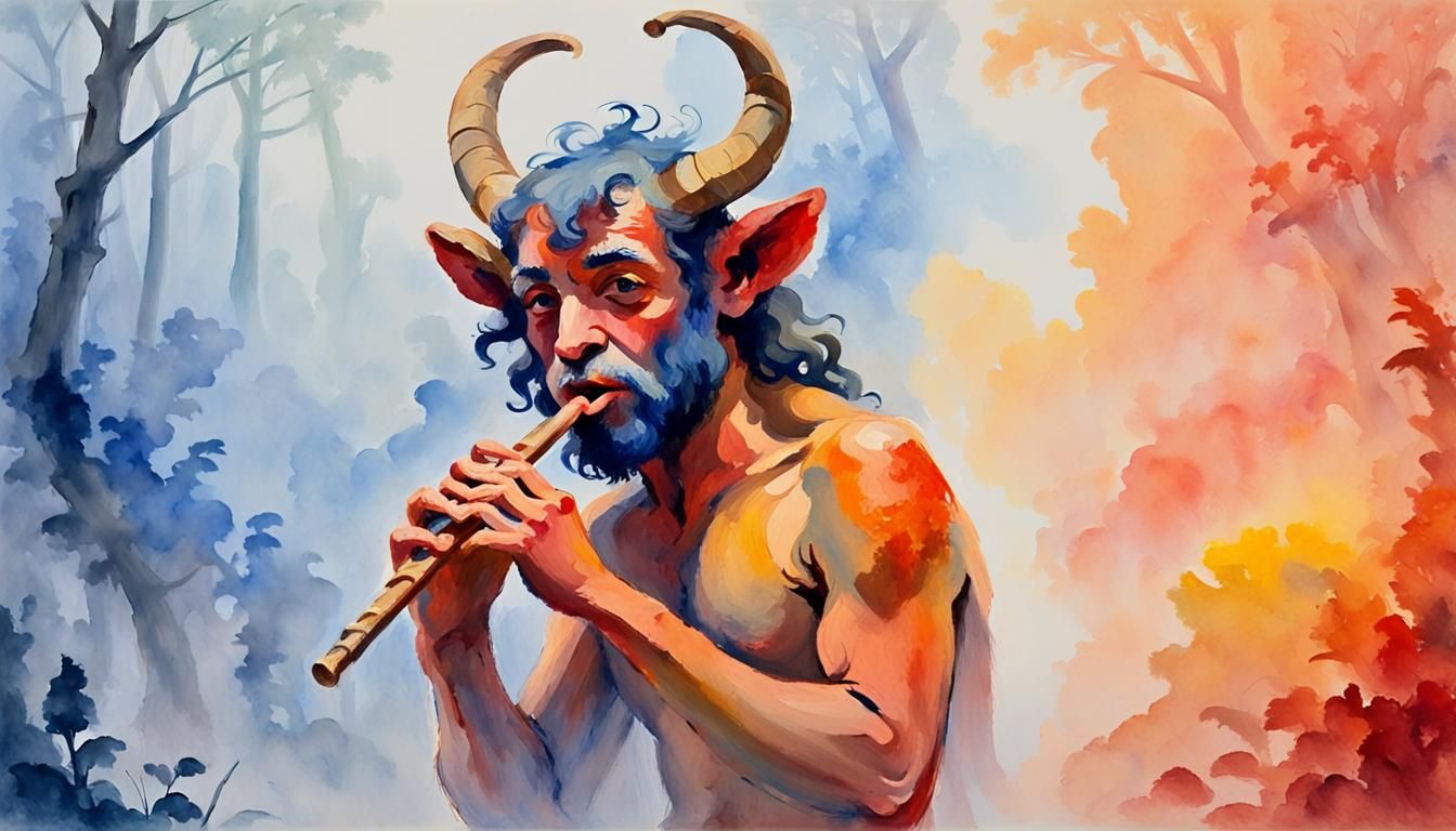 Pan the Satyr Playing Flute as Impressionist Gouache