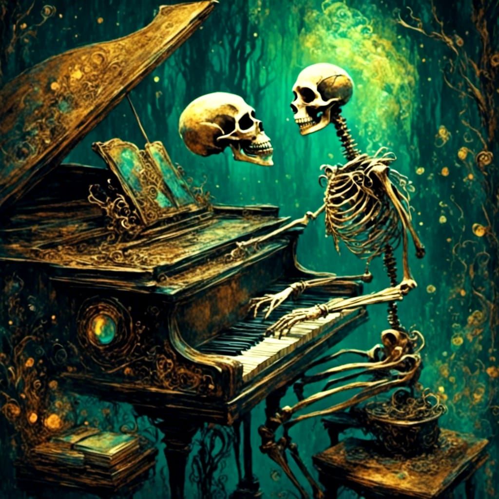 Skeleton Playing the piano, a musical Aurora borealis Flowing <lora:SybilThorn-LORA1:1.0> from the piano <lora:SybilThor...