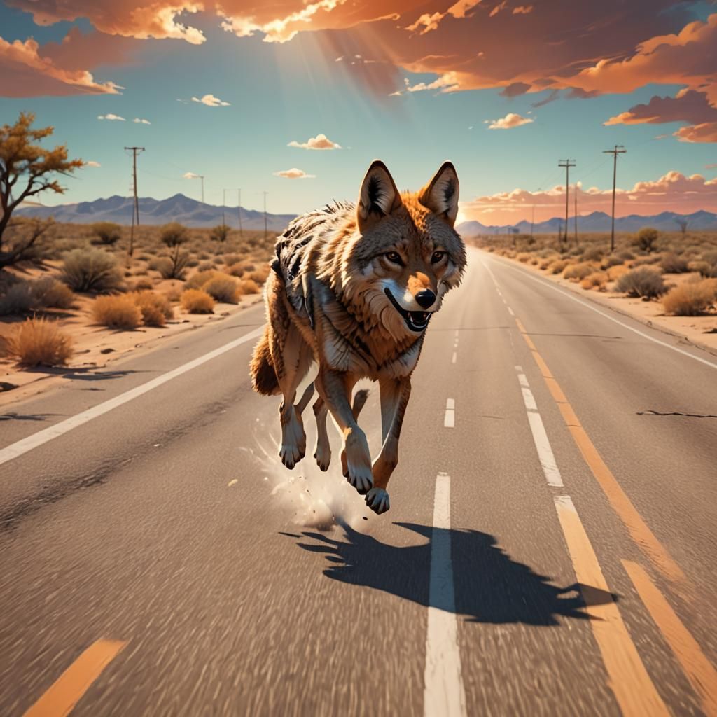Coyote Chasing Cars in Dynamic 3D Anime Style