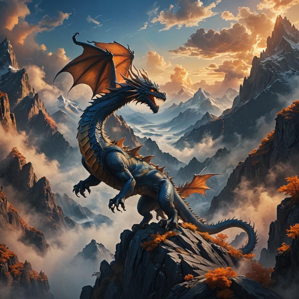 Mythical Dragon on Mountain Peak in Matte Painting