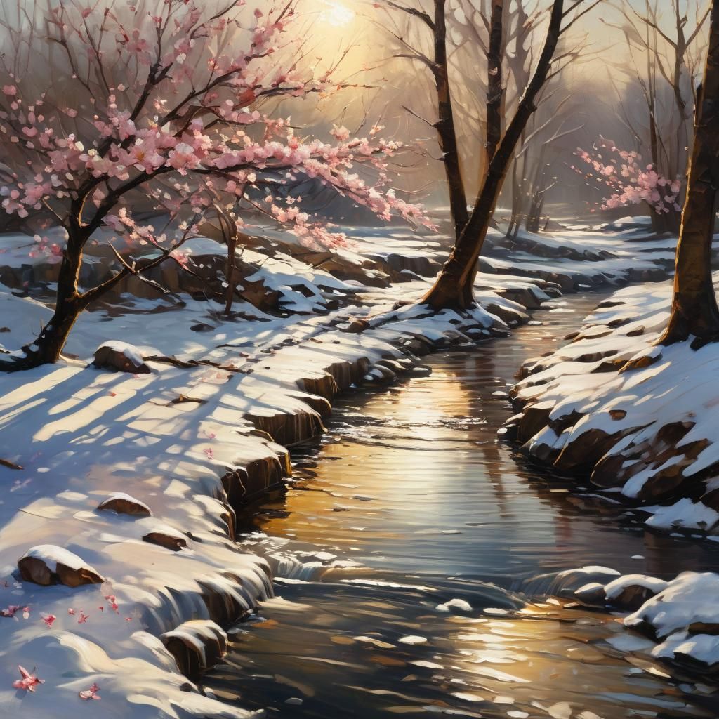Cherry Blossoms Over Frozen Stream as Impasto Oil Painting