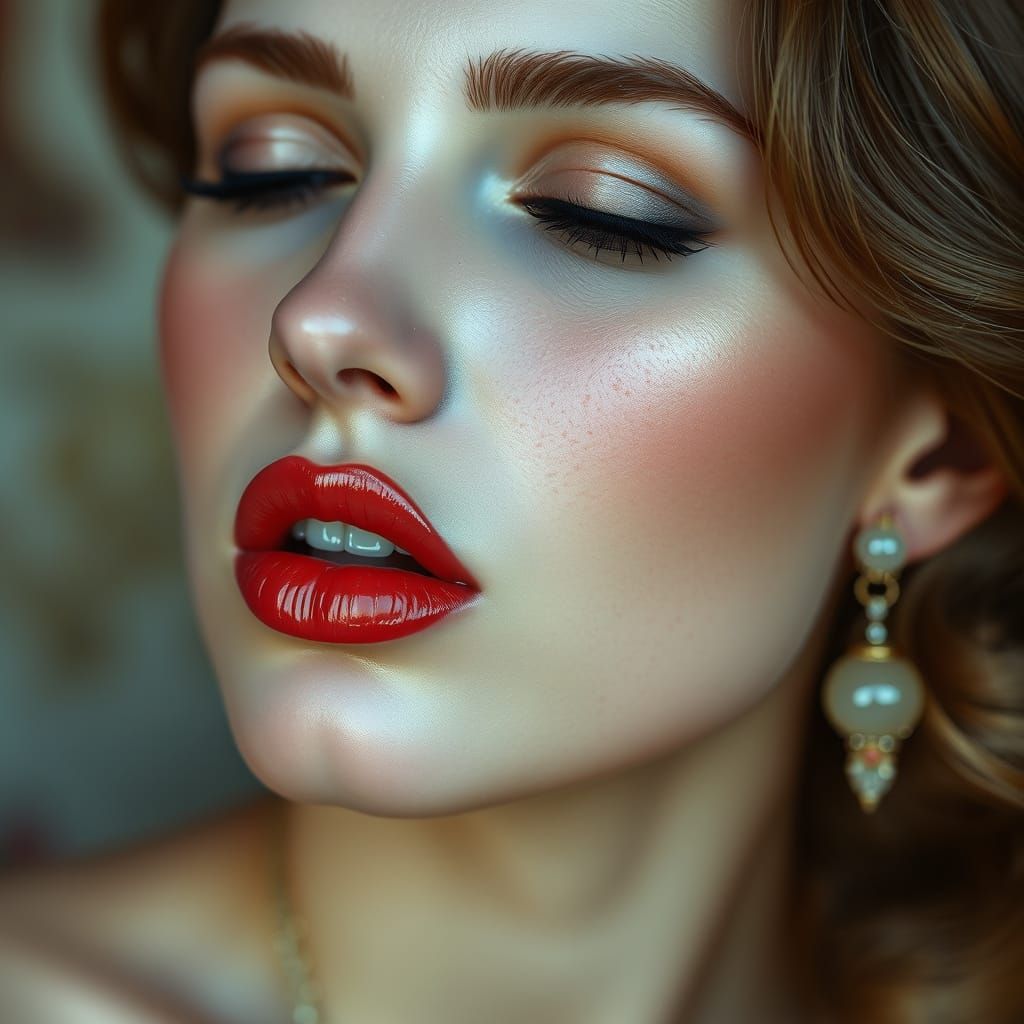 Elegant Woman with Plump Lips in Art Nouveau Style