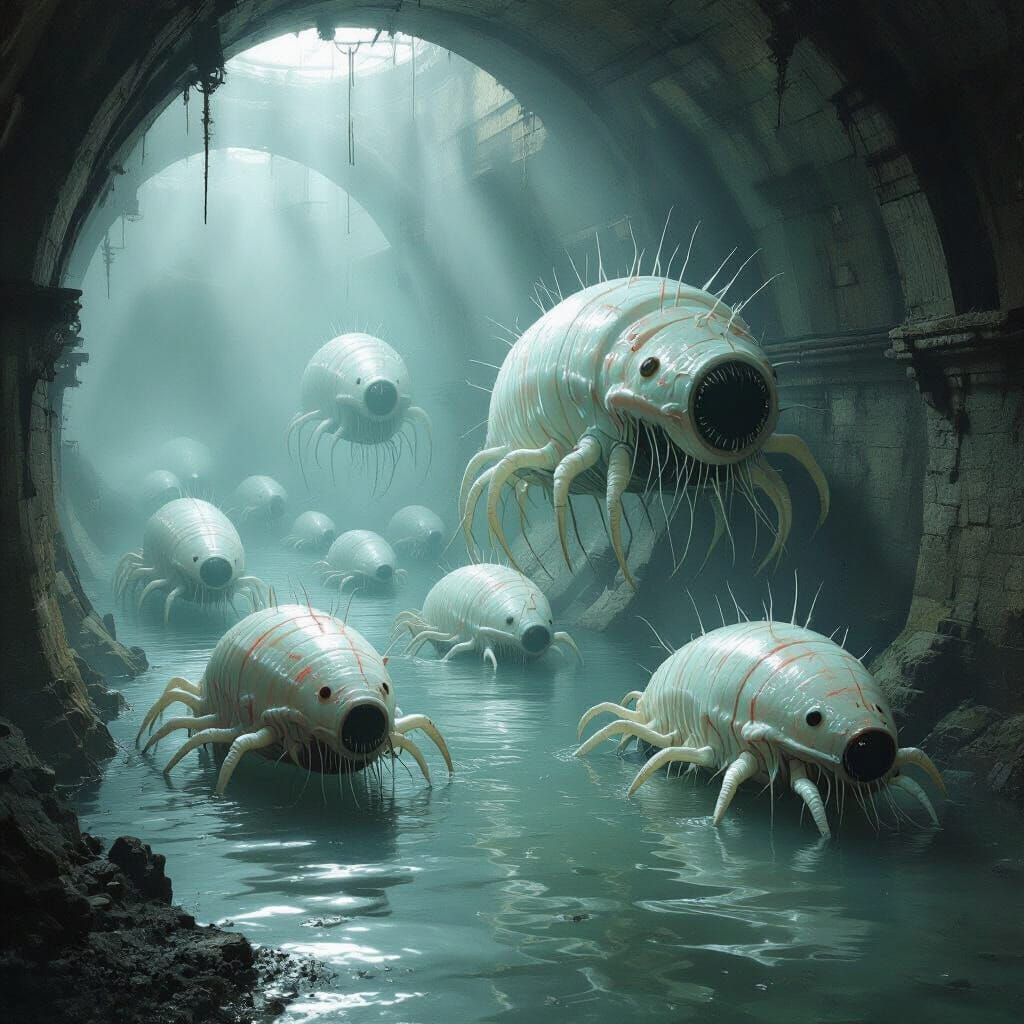 Eerie Sewer Creatures in Biomechanical Dark Art Style