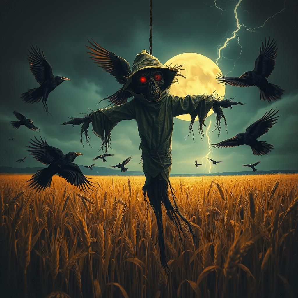 Ominous Scarecrow in Stormy Field, Surrealist Horror Art