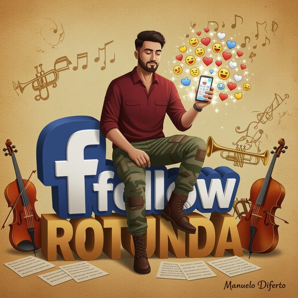 Man on Follow Logo with Emojis, Surreal Digital Art