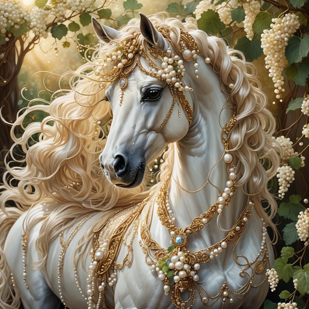 Horse Portrait with Braided Mane in Art Nouveau Style