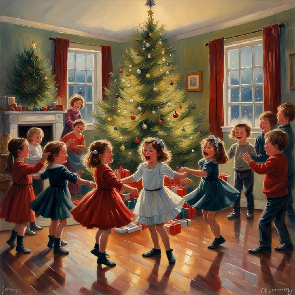 Children Celebrate Christmas in a Joyful Oil Painting Scene