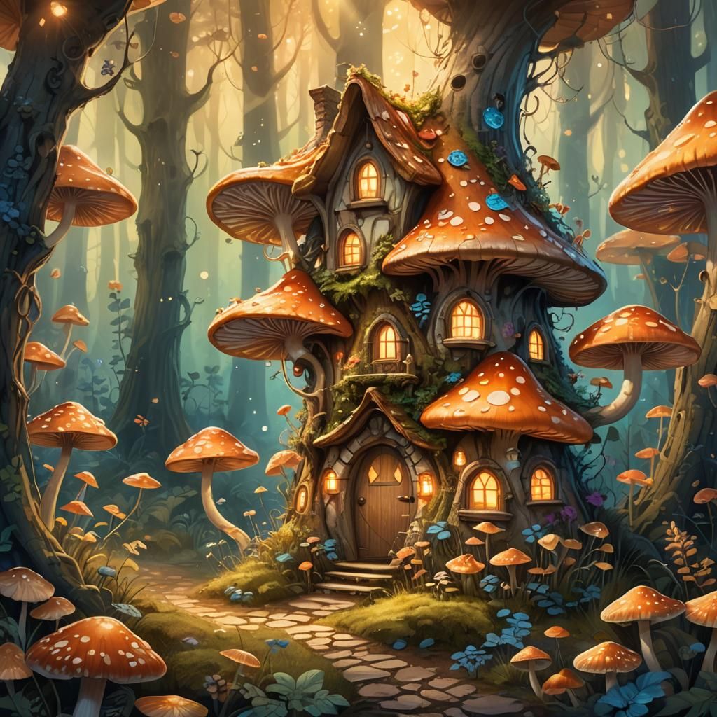 Enchanted Fairy Mushroom House in Bioluminescent Forest