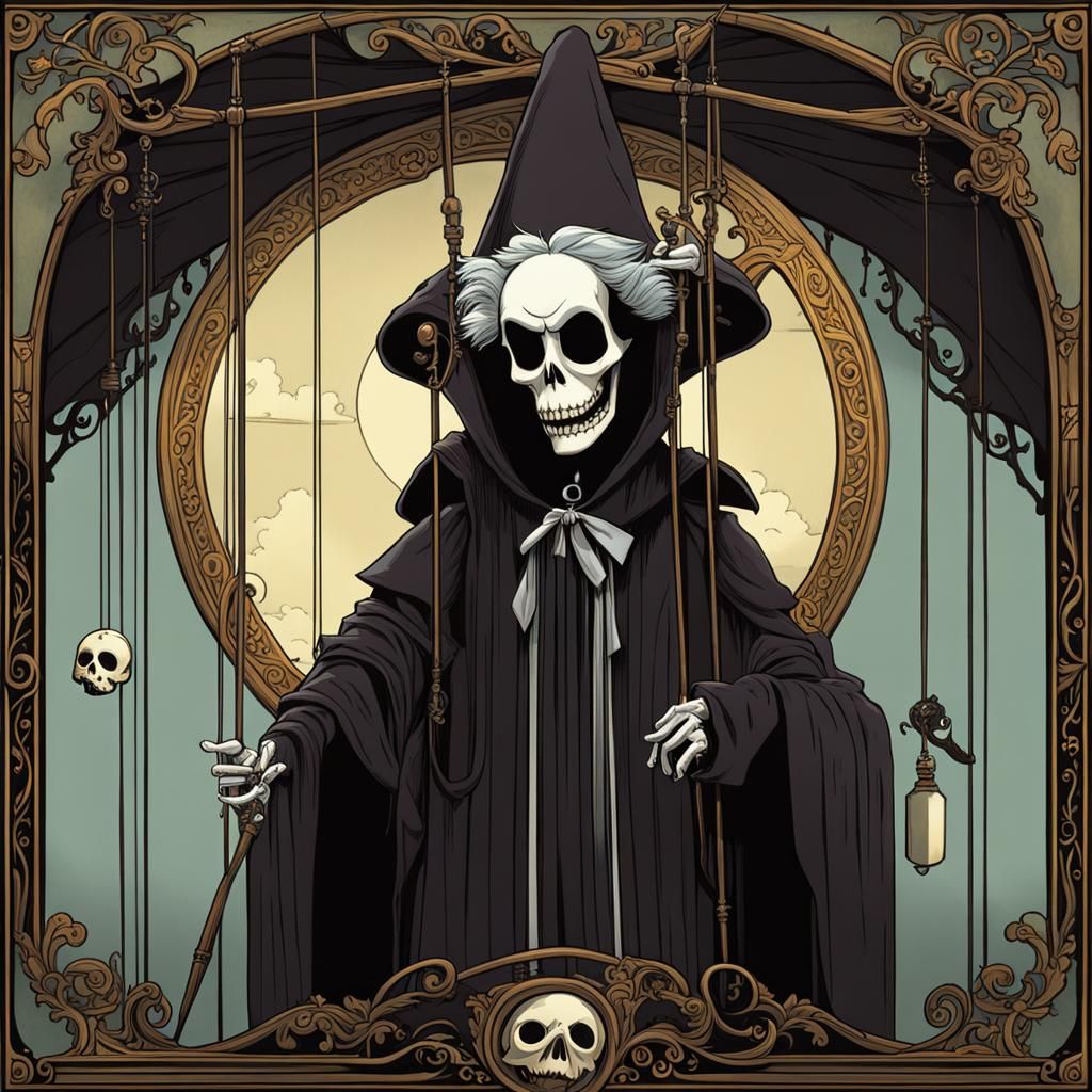 Death as Marionette Cartoon in Art Nouveau Style