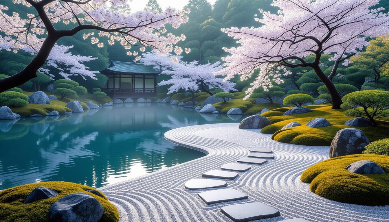 Serene Japanese Garden at Dawn with Zen Path