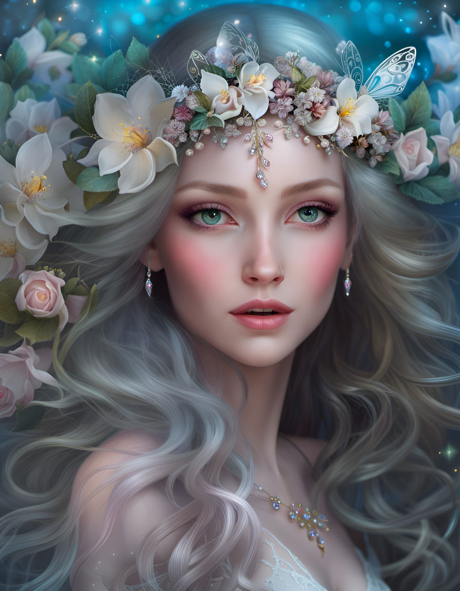 Honeysuckle Fairy in Spring Forest, Whimsical Fantasy Scene