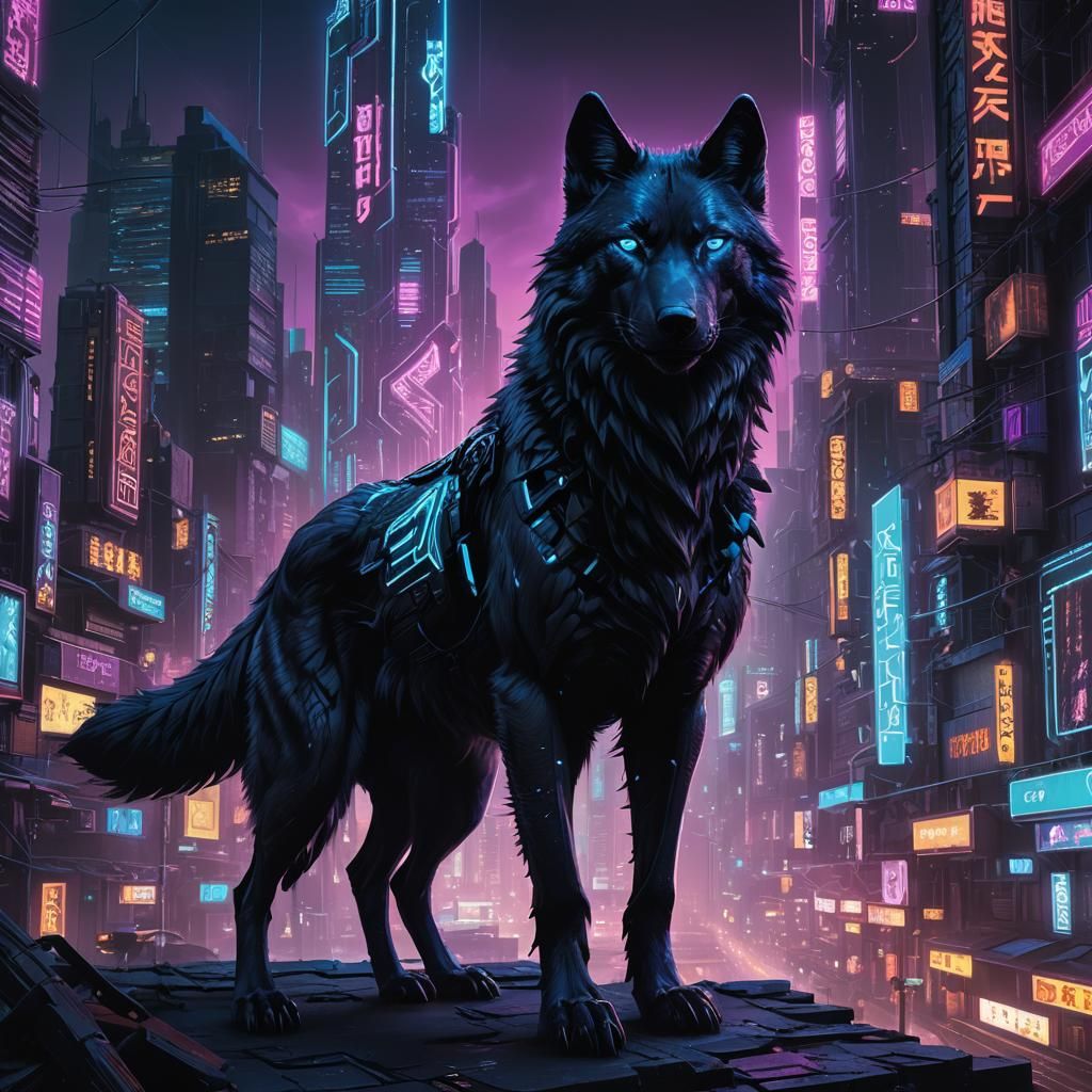 Cyberpunk Wolf with Metallic Implants in Futuristic City