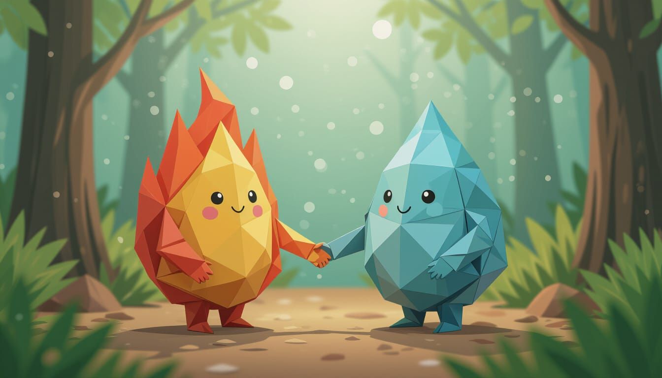 Papercraft Flame and Water Droplet Holding Hands in Forest