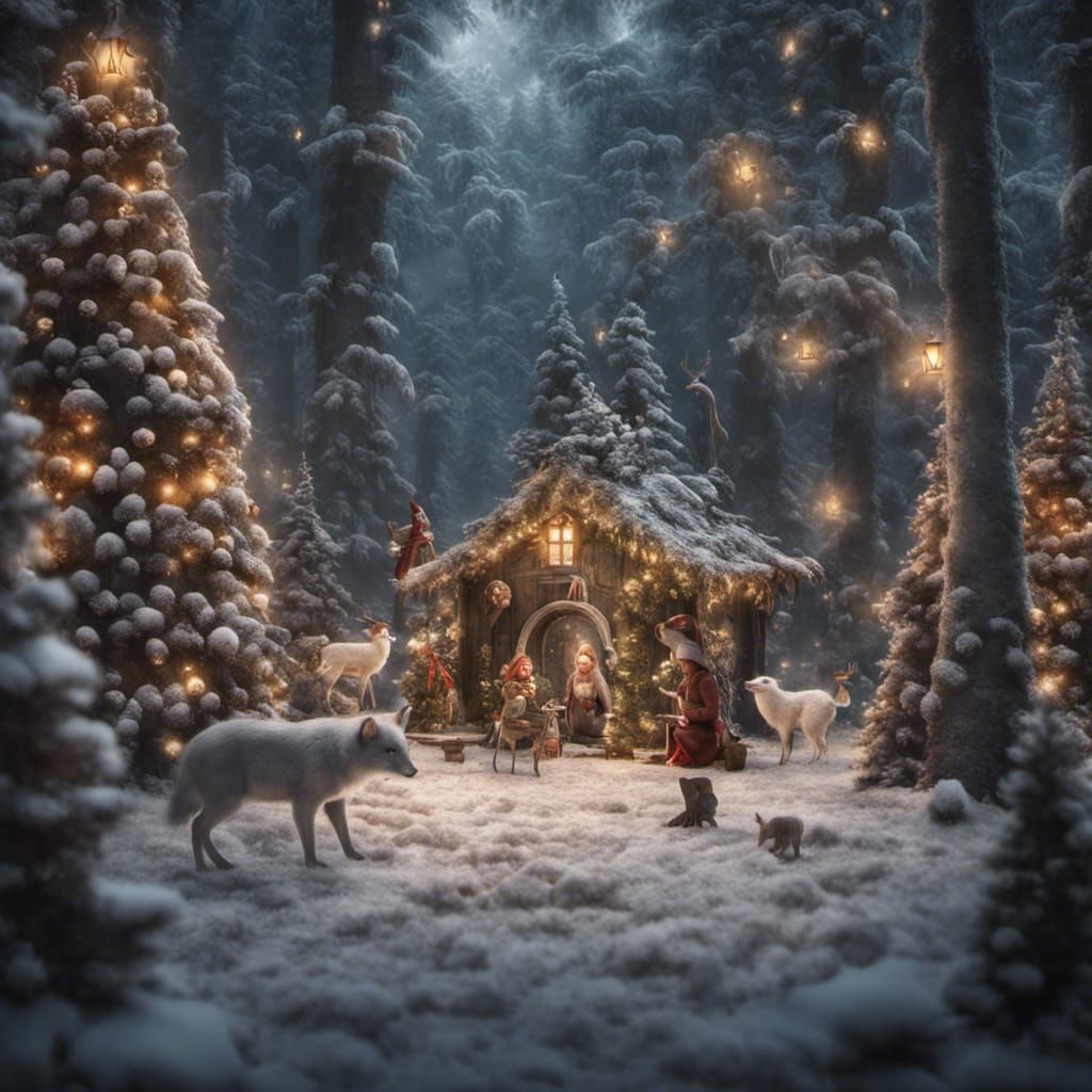 Festive Christmas Forest with Elf and Animals