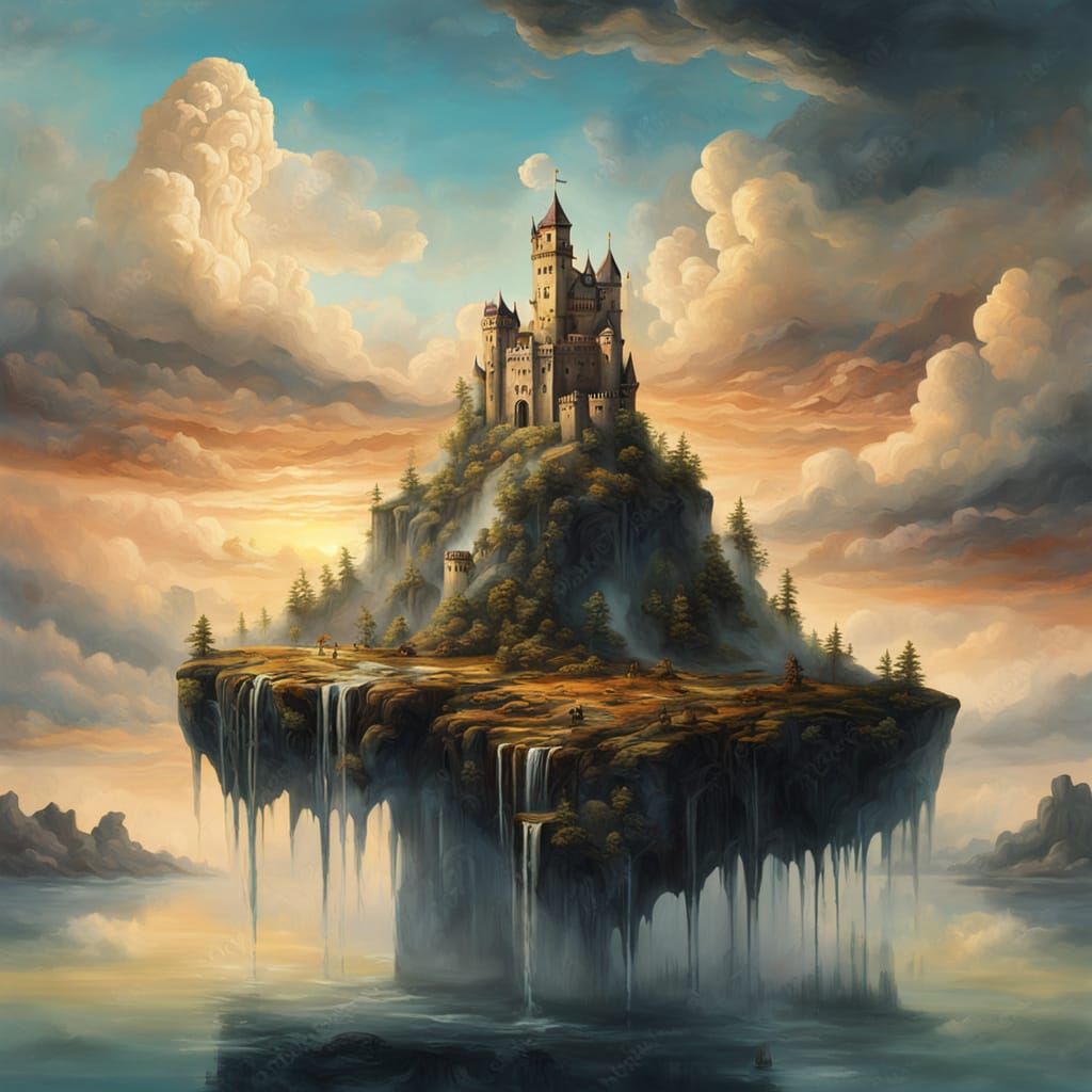 Surreal Floating Castle with Waterfalls and Drifting Forests