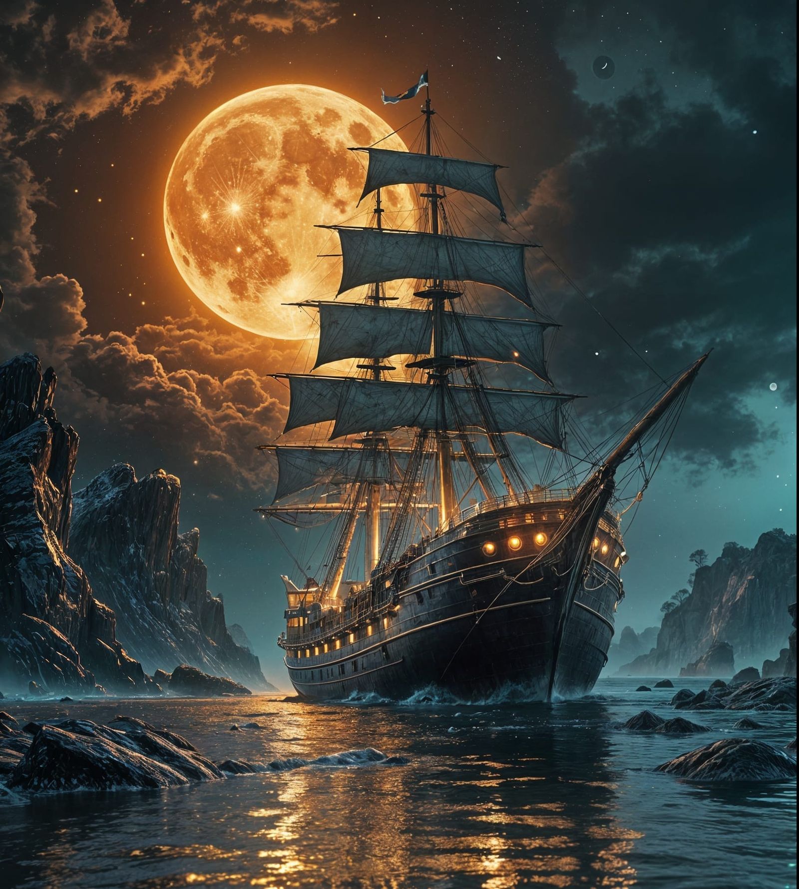 Luminous Moonlit Shipwreck in a Starry Cove