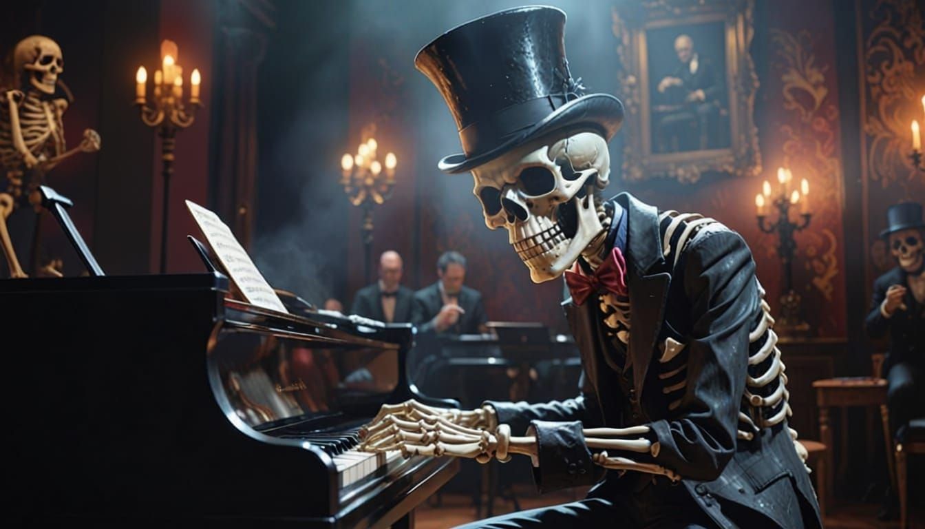 Joyous Skeleton Sings and Plays Piano Under Spotlight