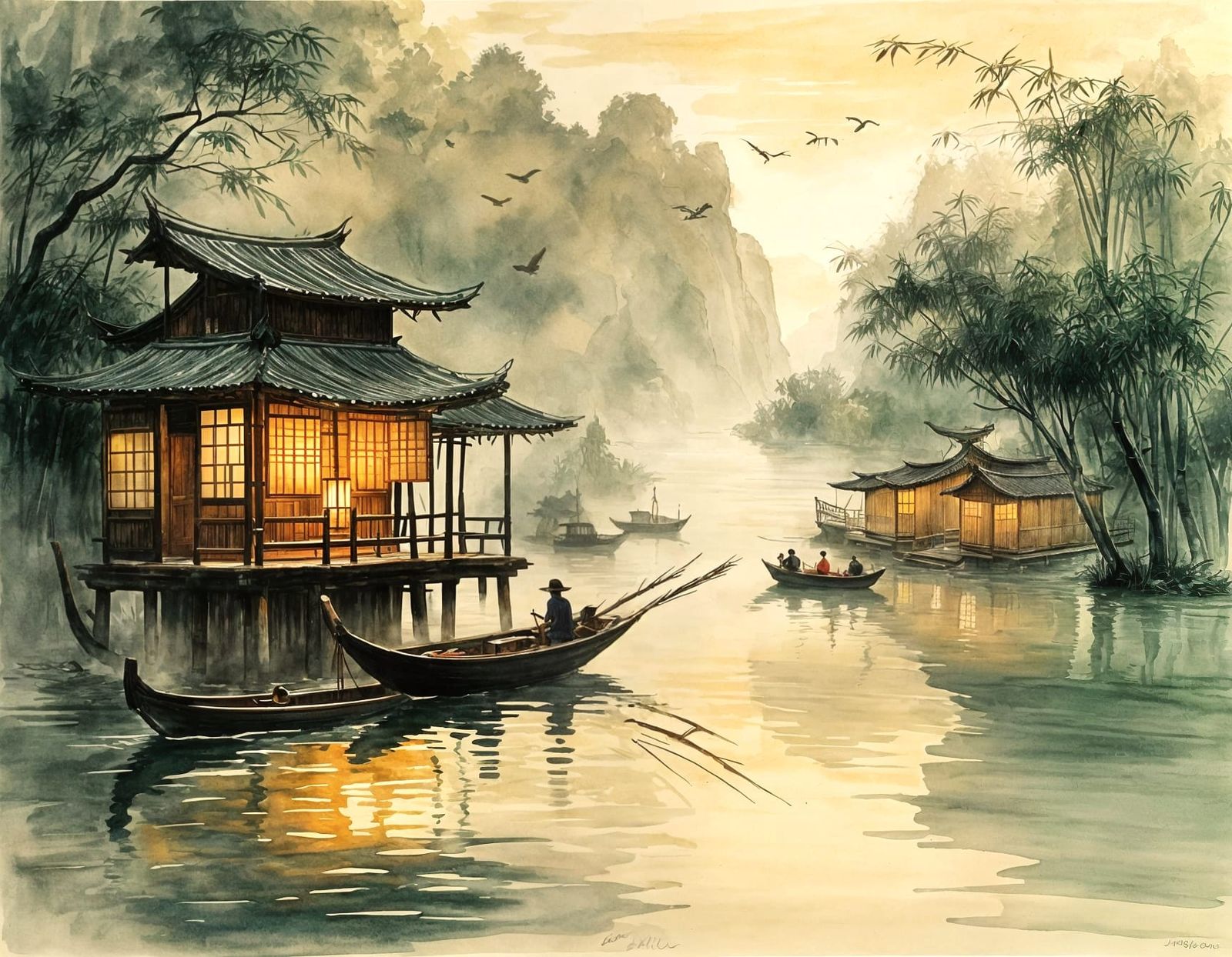 Tranquil Chinese Ink Wash Painting of Li River Fishermen