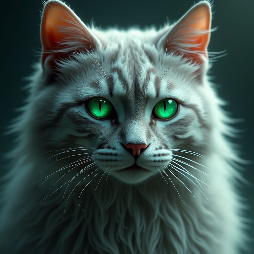 Majestic Silver Cat with Piercing Green Eyes in Dreamlike Fa...