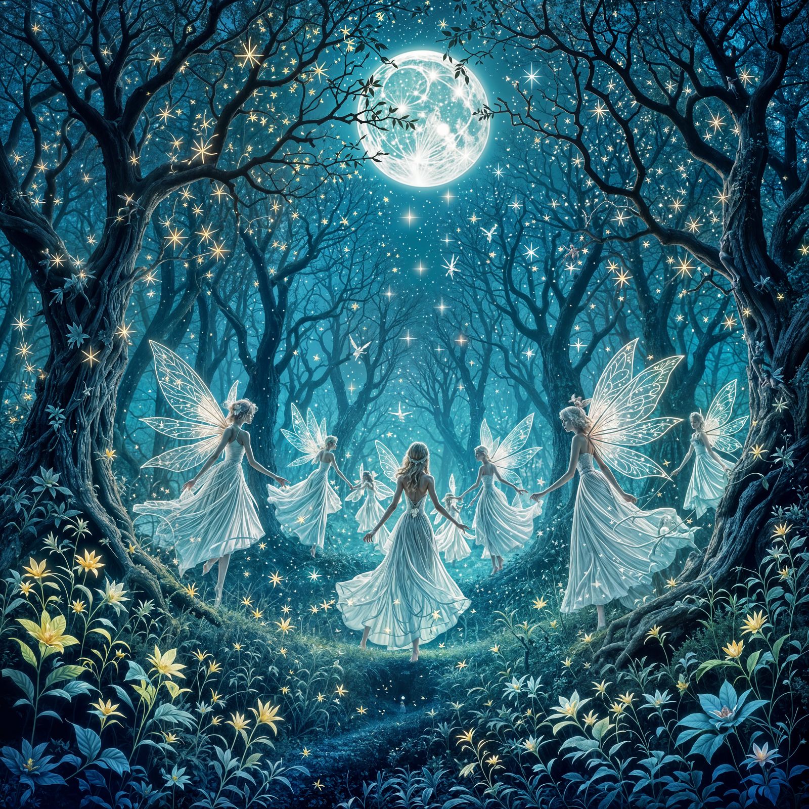 Ethereal Forest Fairies As Luminous Plants Under Starlight