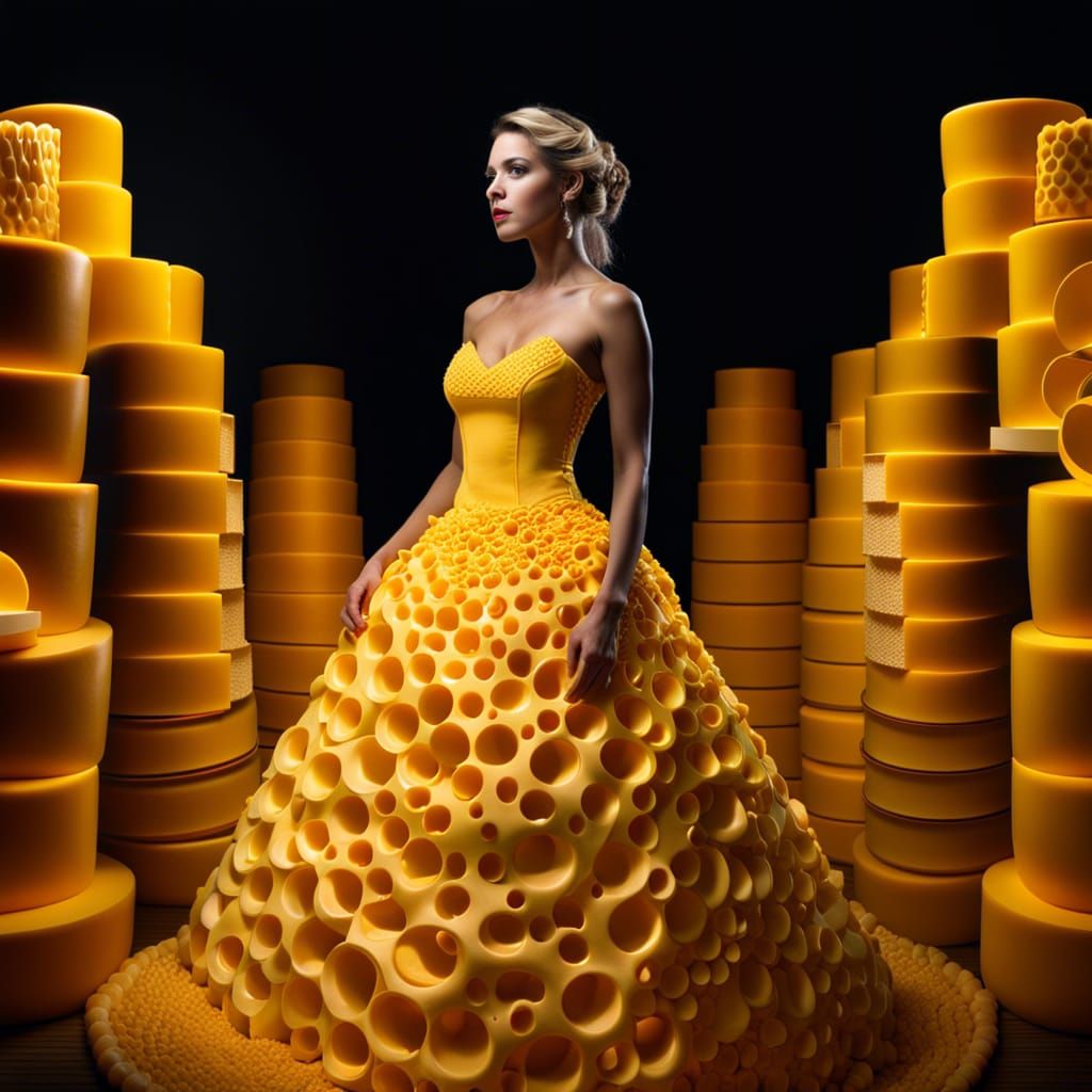 Woman's Cheese Dress: Hyperrealistic Fashion Portrait