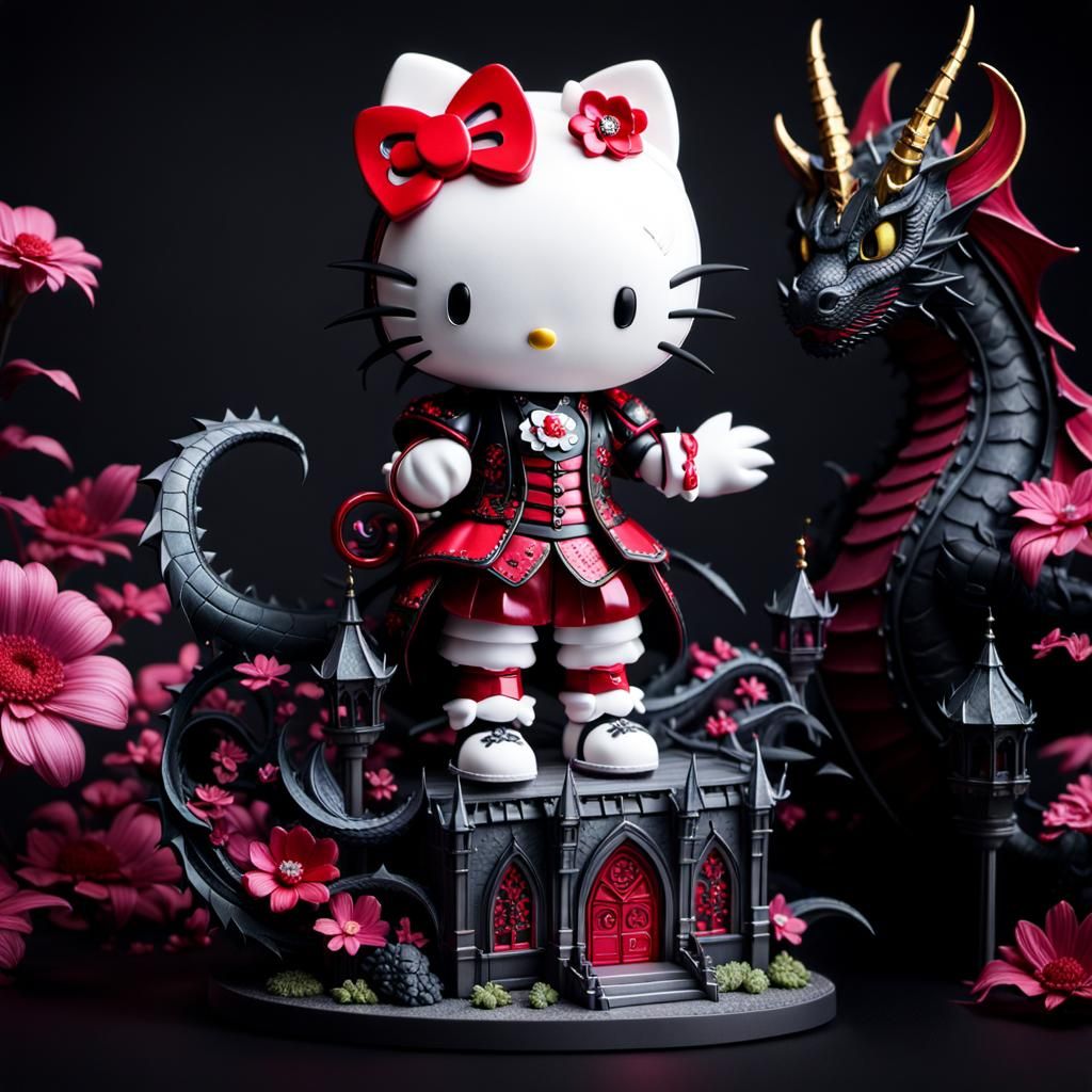 Gothic Hello Kitty vs Dragon in Tim Burton Style