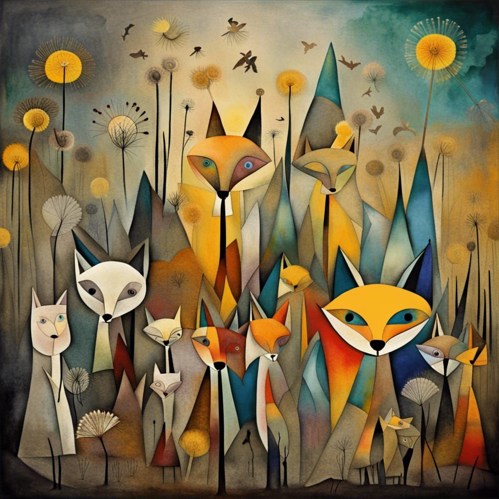 Fox Family in Dandelion Dreamscape, Surreal Art Style